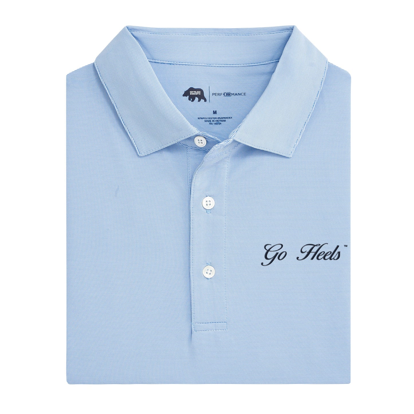 Lake Toxaway CC Go Heels Vintage Script Hairline Stripe Performance Polo - Sky