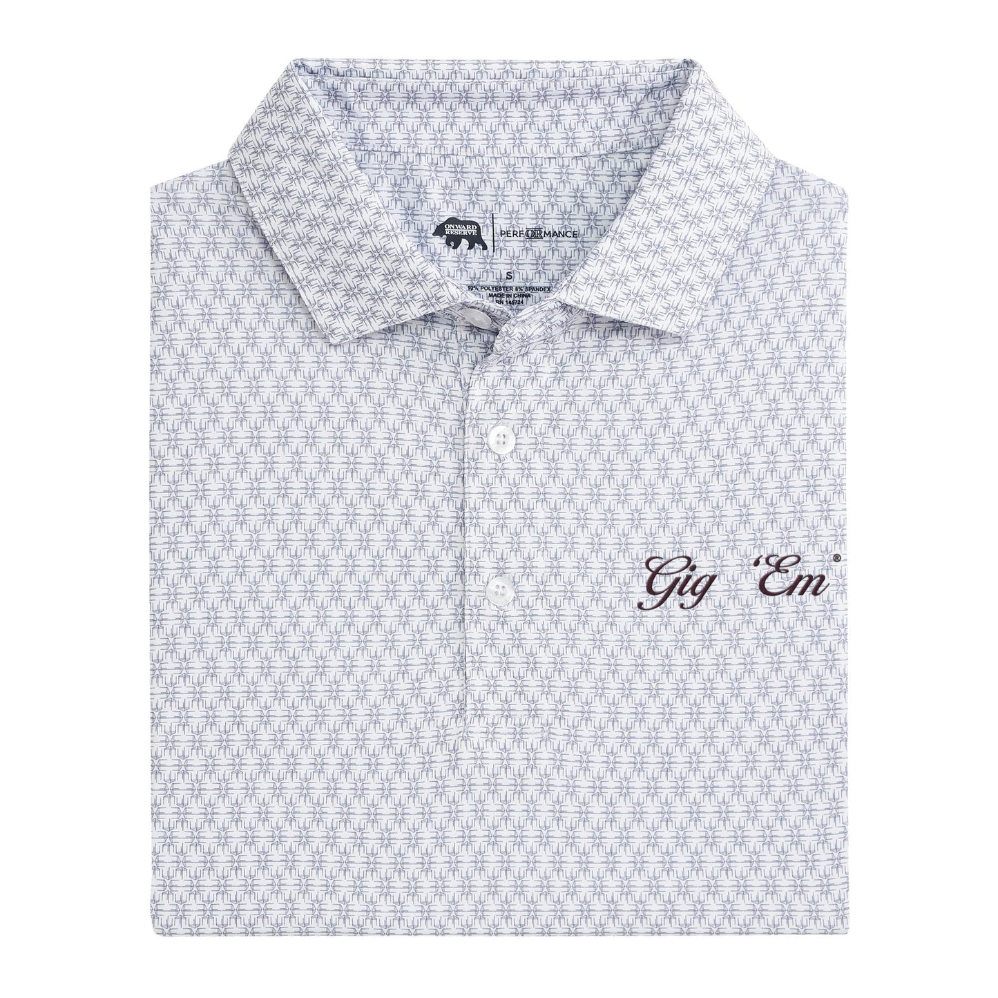 Lake Toxaway CC Gig 'Em Vintage Script Tents Printed Performance Polo - White