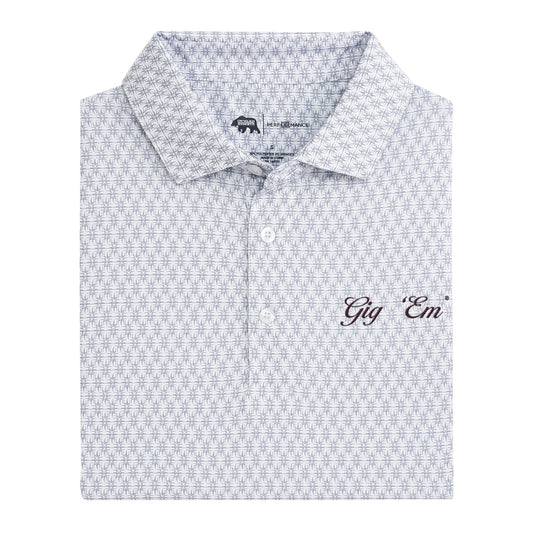 Lake Toxaway CC Gig 'Em Vintage Script Tents Printed Performance Polo - White