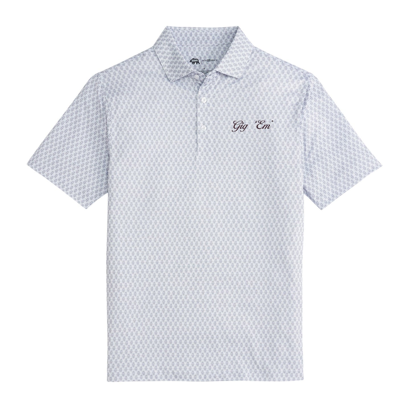 Lake Toxaway CC Gig 'Em Vintage Script Tents Printed Performance Polo - White