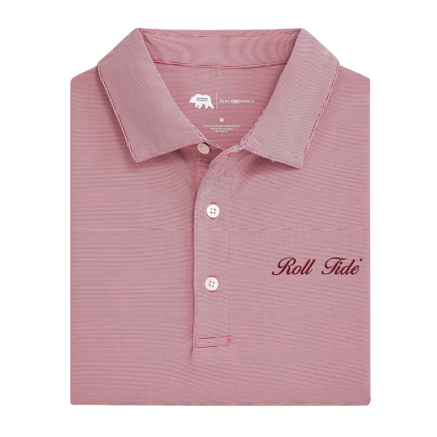 Lake Toxaway CC Roll Tide Vintage Script Hairline Stripe Performance Polo - Crimson