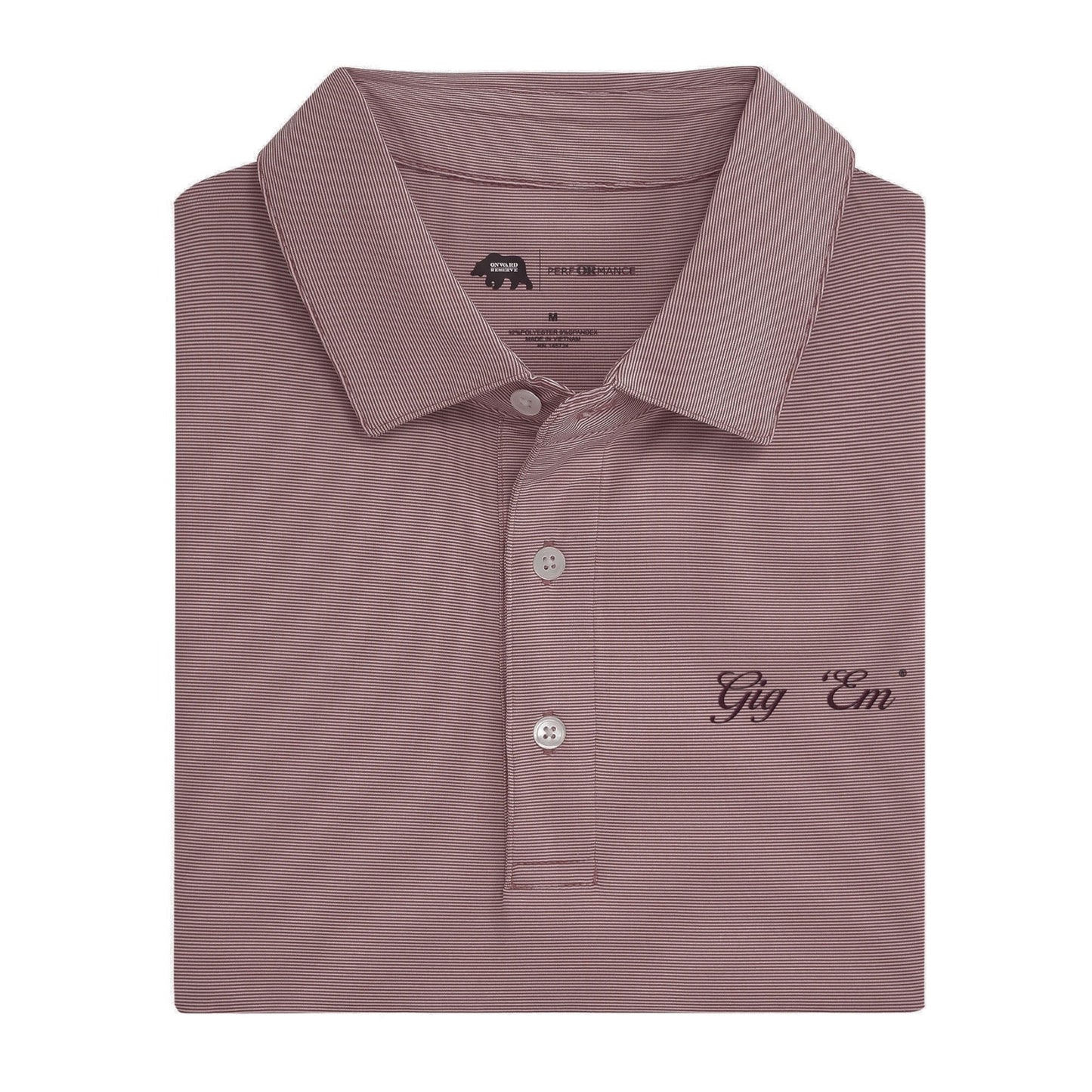 Lake Toxaway CC Gig 'Em Vintage Script Hairline Stripe Performance Polo - Maroon